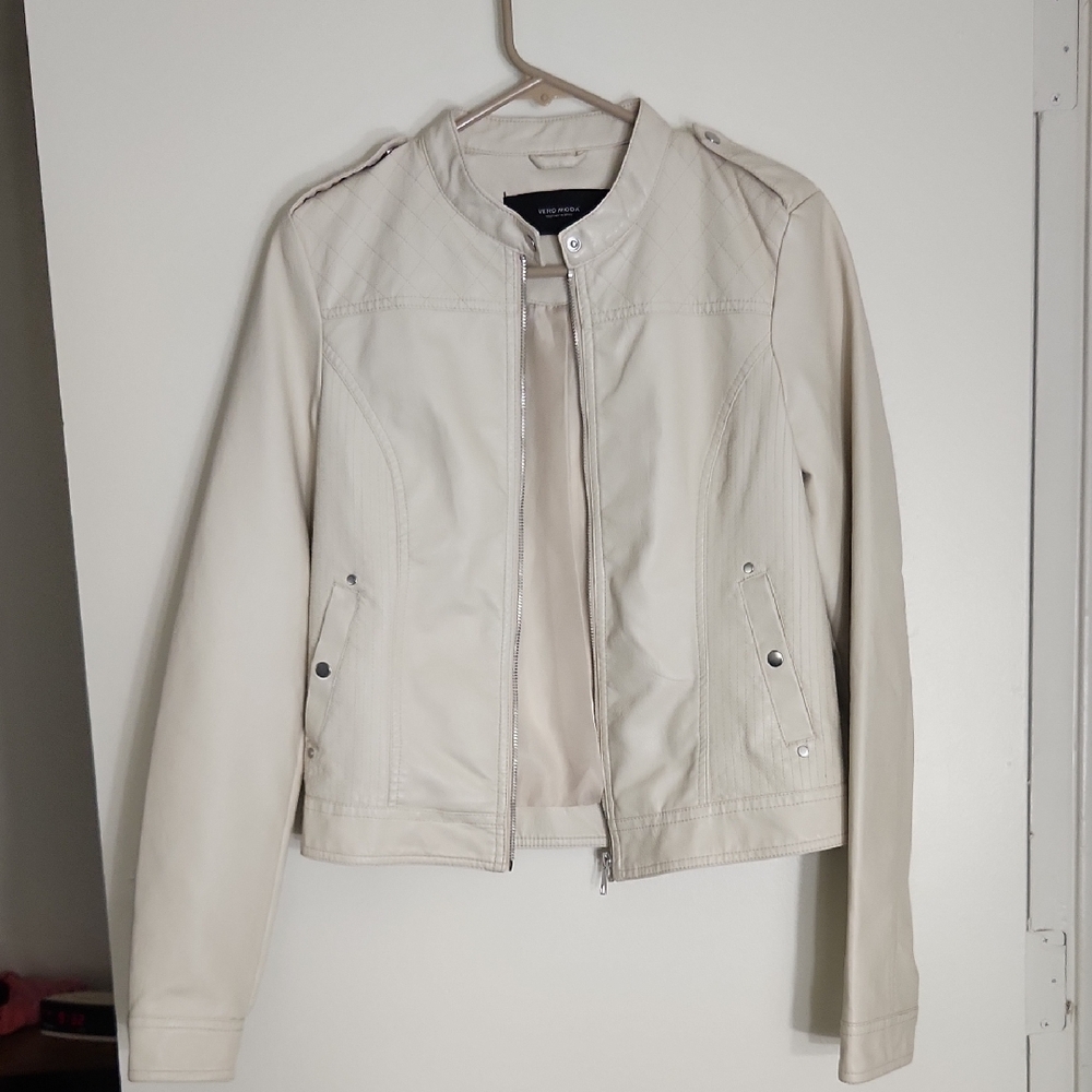 Vero Moda Light Cream Moto-Style Faux Leather Jacket